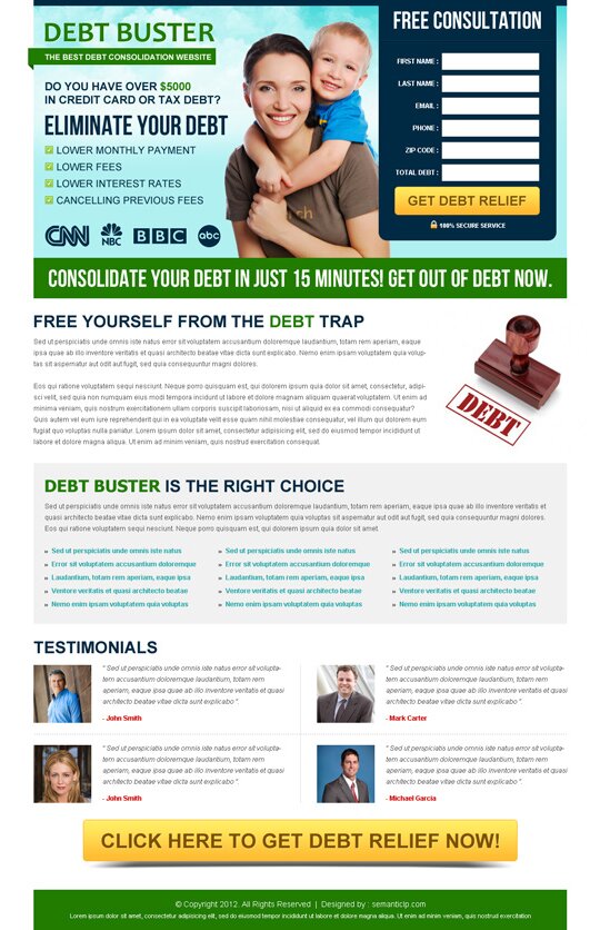 highly converting debt landing page design that converts your visitor into happy customer from page http://www.semanticlp.com/category/debt/2/