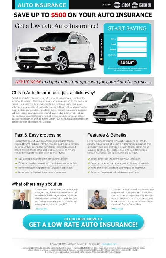 Modern auto insurance landing page design from http://www.semanticlp.com/category/auto-insurance/