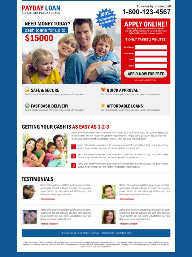 conversion centered and optimized payday loan landing page design by semanticlp.com