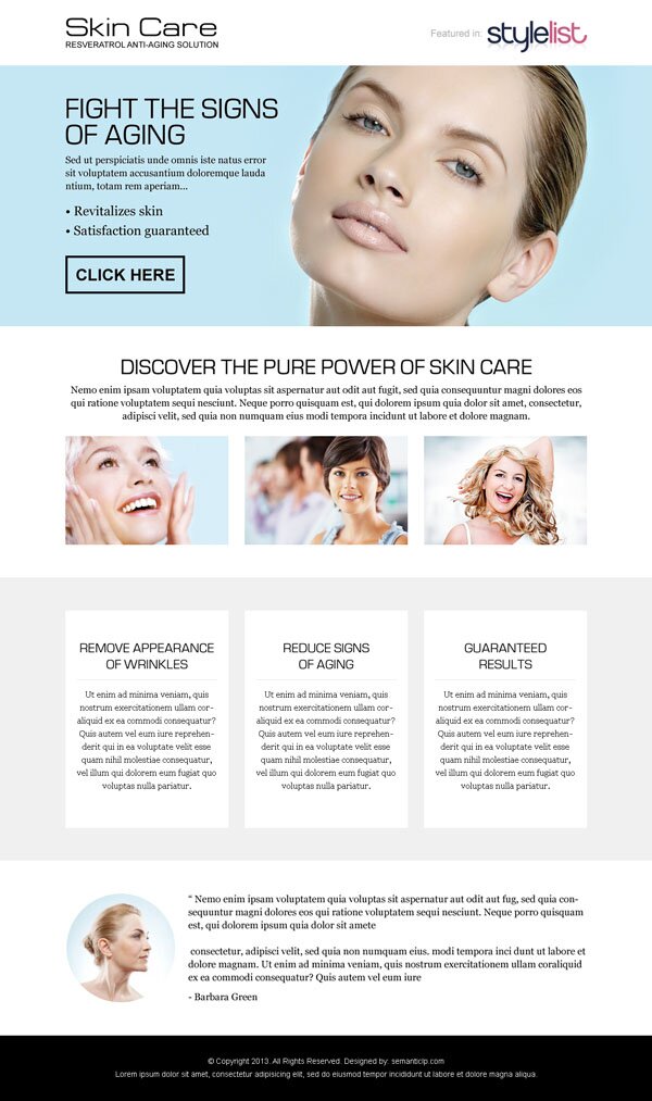 Nice and clean anti ageing skin care product landing page design example for inspiration from http://www.semanticlp.com/buy-now1.php?p=884