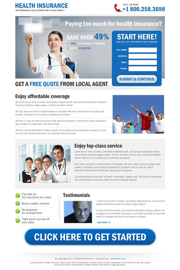 Health insurance landing page design or health insurance squeeze page design to capture leads and increase sale of insurance policy from http://www.semanticlp.com/buy-now1.php?p=710